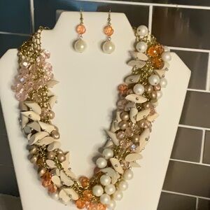 Statement Faux Pearl Necklace Set - Coral/Orange